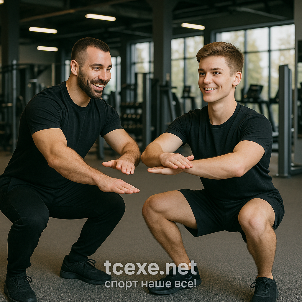 Тренер показывает правильную технику приседаний в спортзале